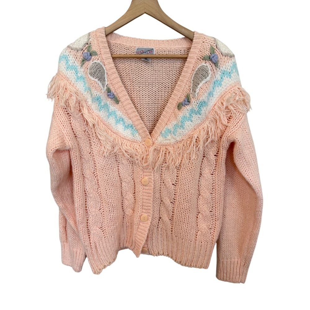 Spice of Life Cardigan Size M Peach Vintage Embroidered Fringe Cable Sweater